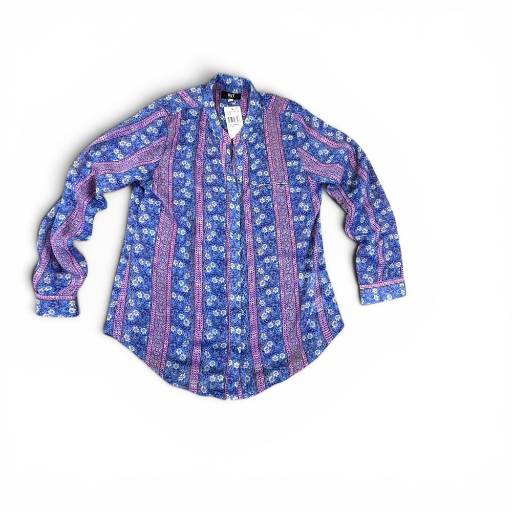 Sheer Chiffon Button Front Long  Sleeve Top Band Collar Kut From The Kloth  XL